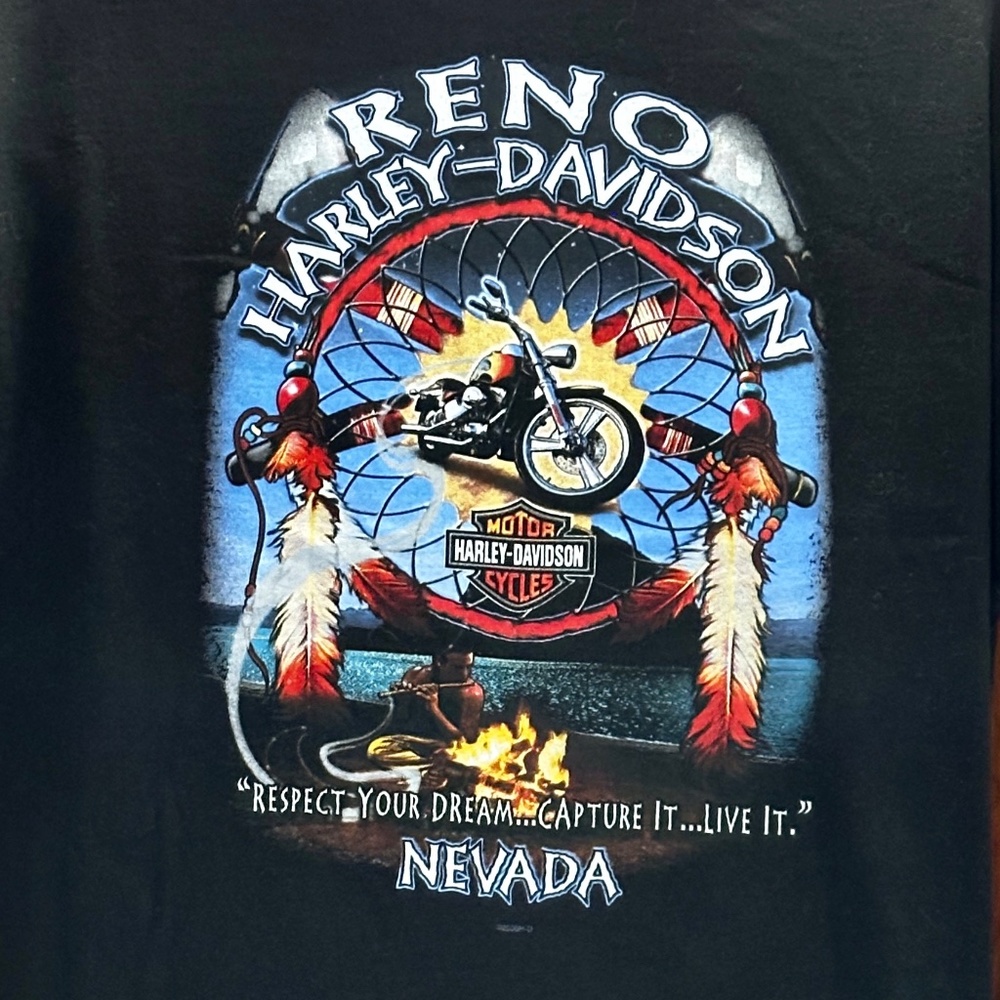 Harley Davidson RENO NEVADA Black Tee Shirt Double Sided Feathers Short Sleeve
